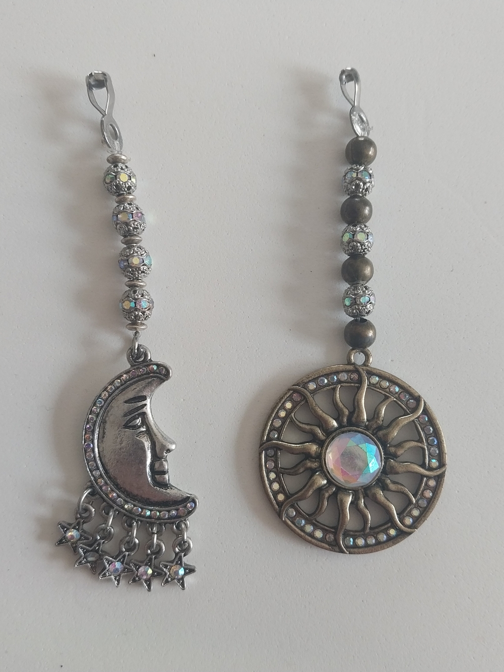 Moon & Sun Dangle Charms with Iridescent Crystals. Fan Pulls